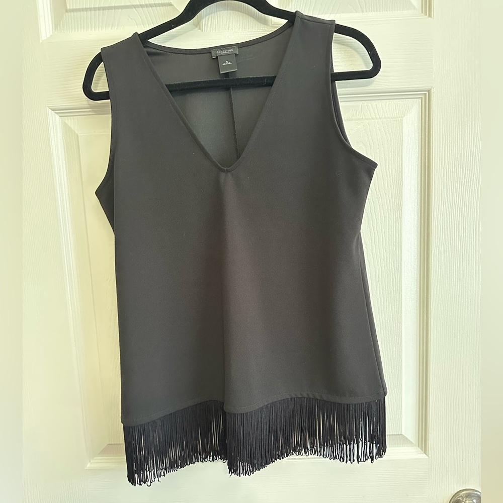 ANN TAYLOR FACTORY Black V-neck Fringe Top